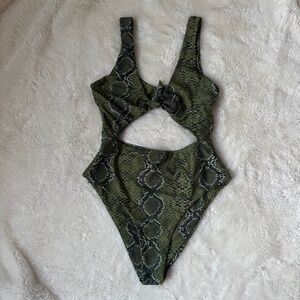 Shein One Piece Swimsuit Green Snakeskin Pattern Cut-out Tie Women's Size M